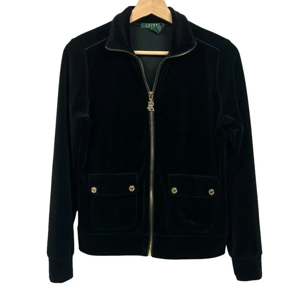Lauren Ralph Lauren Velour Sweater Jacket Womens Size Small Black Full Zip - Picture 1 of 7
